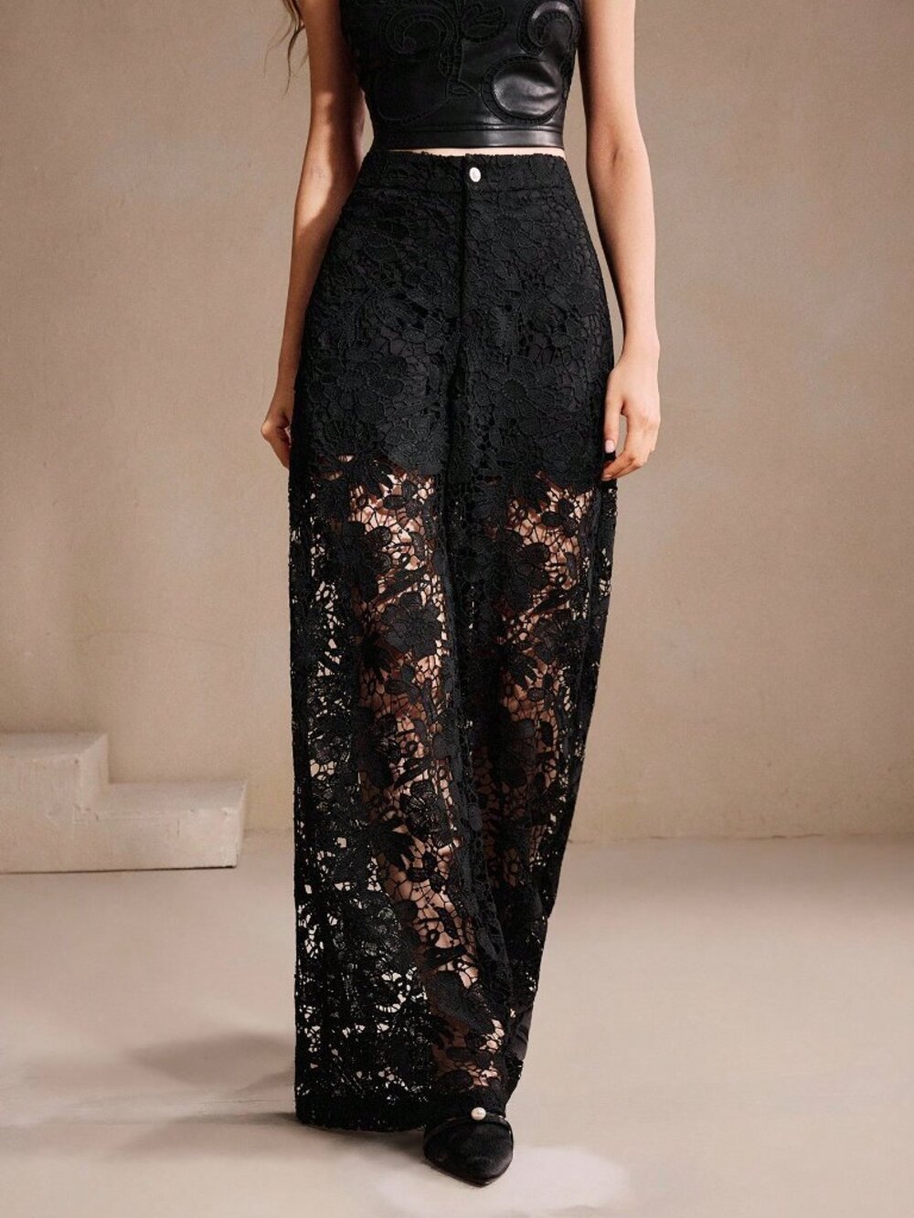 Black Elegant Women's Floral Lace Hollow-Out Pants - Picture 3 of 7